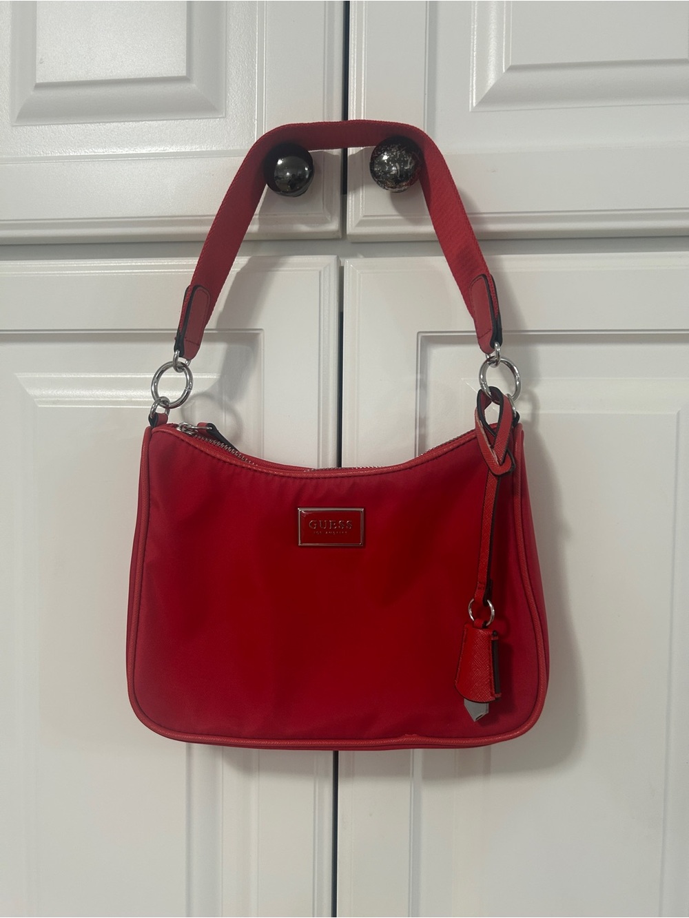 GUESS Red Shoulder Hobo Bag with Silver Hardware